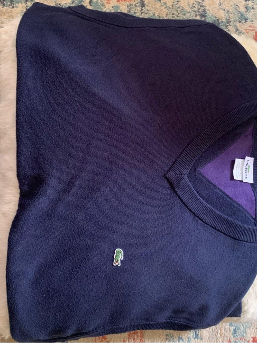 Lacoste Navy V-Neck Sweater with Green Crocodile Logo
